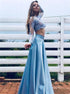 A Line Two Piece Blue Scoop Lace Long Sleeves Satin Prom Dresses LBQ3080